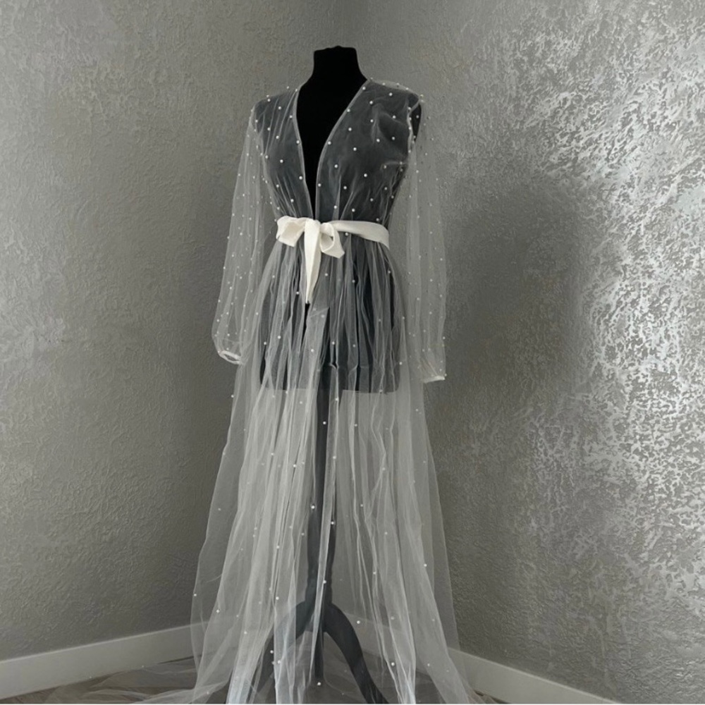 Elegant Sheer White Robe with Pearl Accents